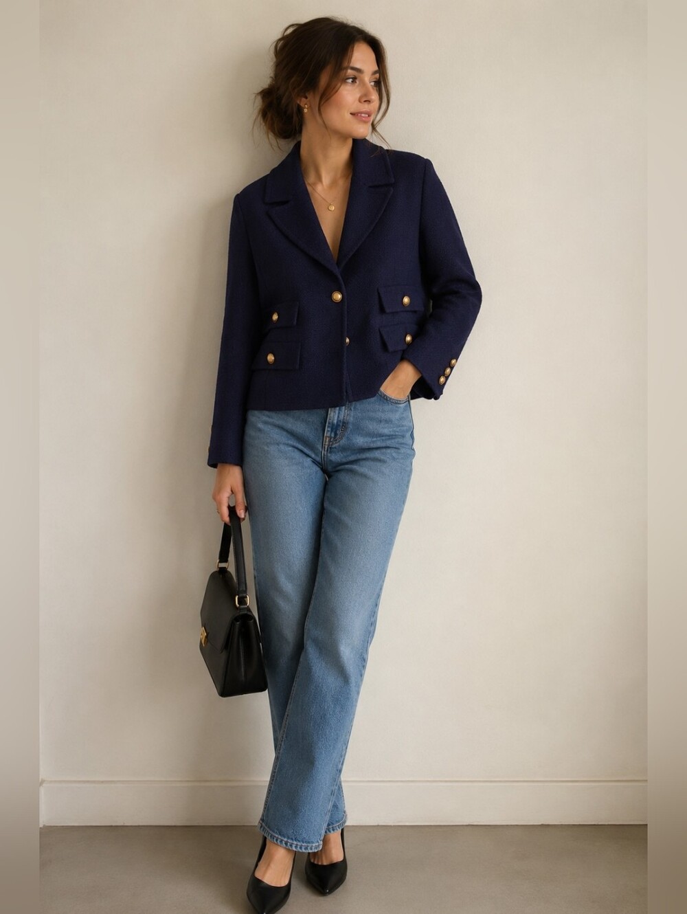 Sandra Angelozzi 💙Navy Gold-Button Textured Linen Blazer Ptp22,5